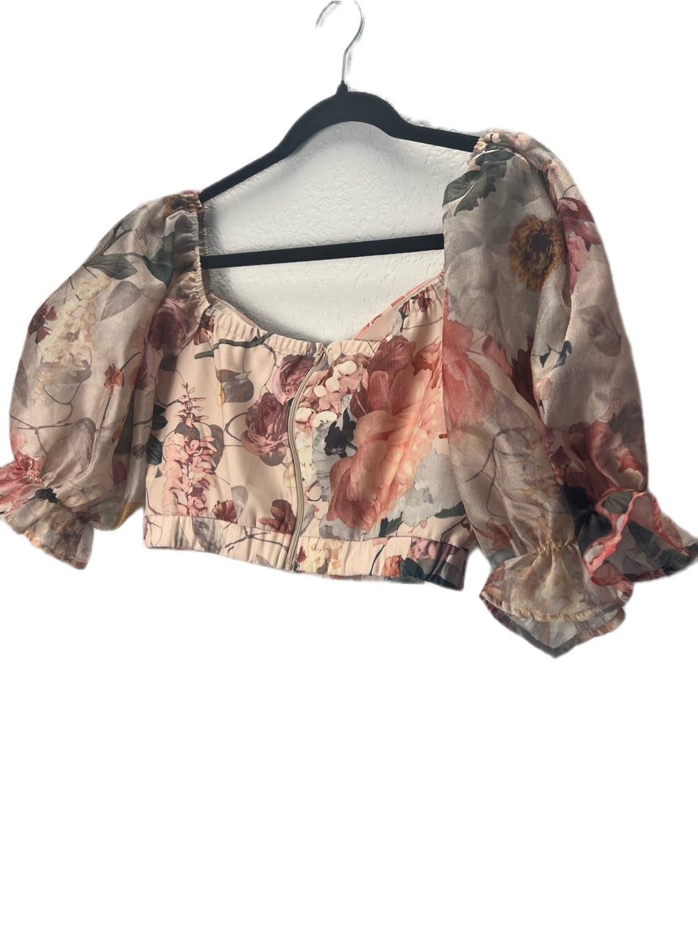 a. peach Floral Puff Sleeve Crop Top Cottagecore Romantic Blush Pink Medium - Picture 3 of 7